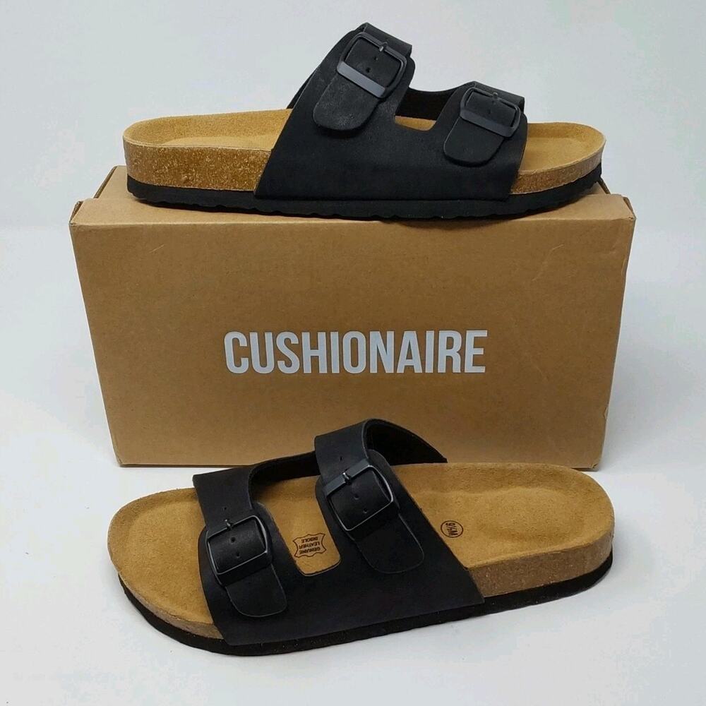 Cushionaire Lane Womens 9.5 Black Nubuck Leather Footbed Slide Sandals